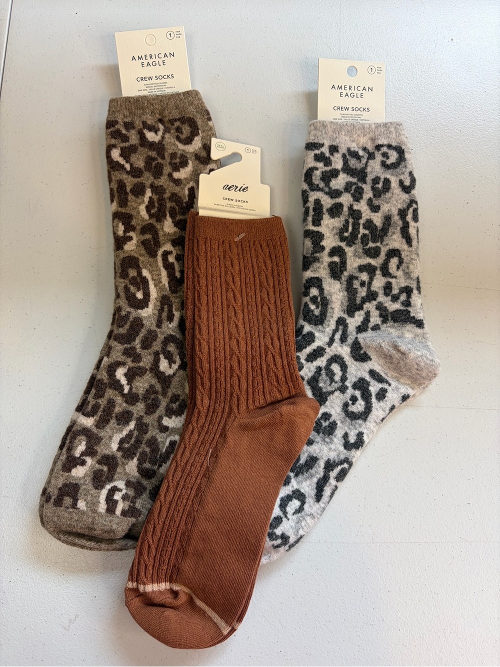 Aerie American Eagle Crew Socks Lot 3 Leopard Cozy Cable Knit Cozy Soft NWT OS